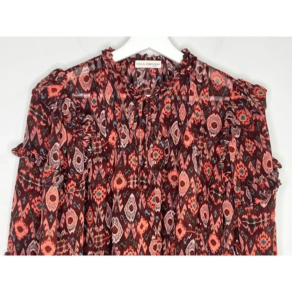 Ulla Johnson Miray Silk Horizon Long Sleeve Ruffle Trim Blouse Garnet Women's 2 - Picture 4 of 14